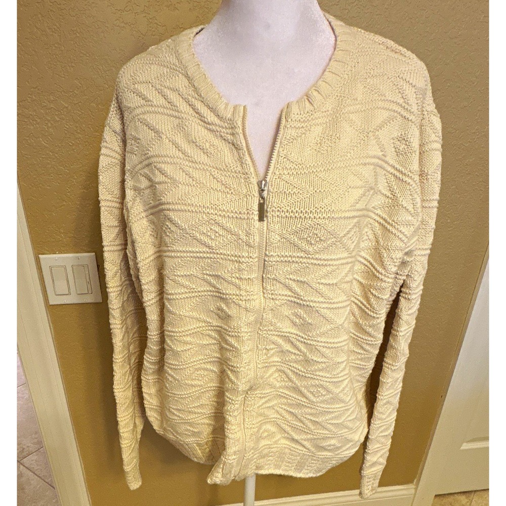 Talbots Women's Cream Cotton Knit Cable-Knit Full Zip Cardigan Sweater M